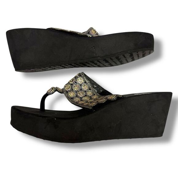 Yellow Box Black Embellished Wedge Flip Flops‎ Bling 9.5 - Picture 4 of 5